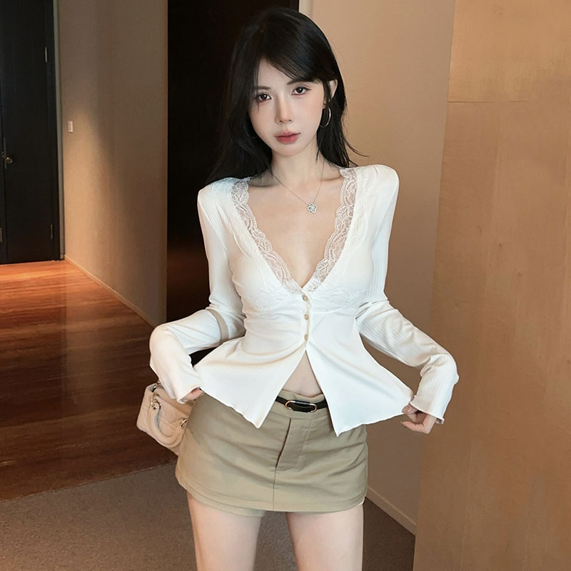 法式纯欲蕾丝拼接针织开衫T恤V领长袖显瘦性感上衣配短裙裤两件套