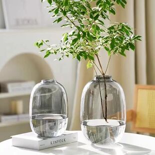 简约落地大肚玻璃花瓶摆件客厅插花水培花器雪柳马醉木透明水养