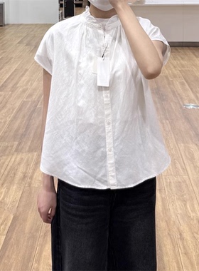 日系夏季女装麻混纺荷叶边衬衫短袖衬衣休闲上衣475720/477682