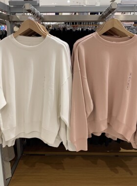 日单秋季女装圆领卫衣长袖运动衫外套落肩袖宽松套头卫衣470130