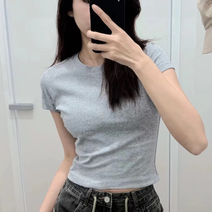 打底衫 455762 顯瘦純棉圓領短T恤短款 日單2023夏女辣妹風高腰修身