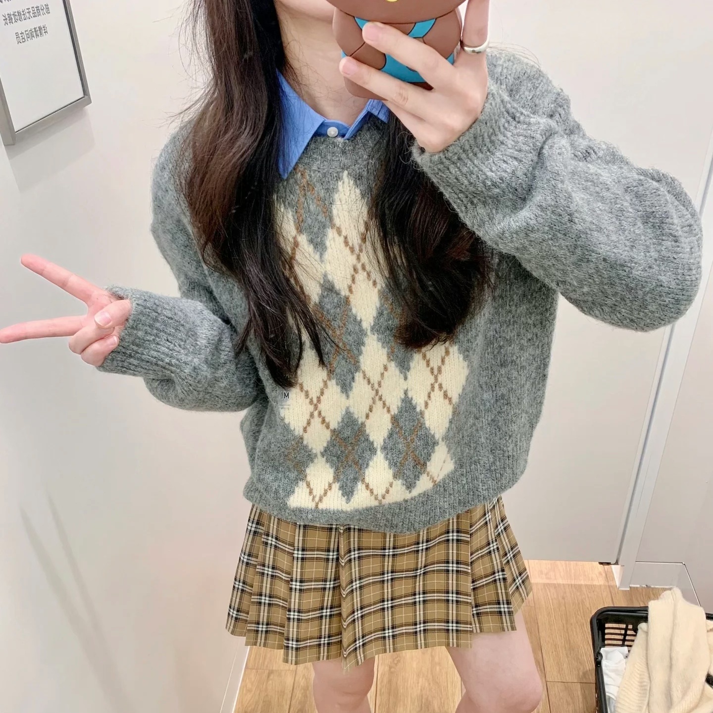 日系女装菱格圆领针织衫长袖复古套头休闲毛衣毛衫秋冬新款482645