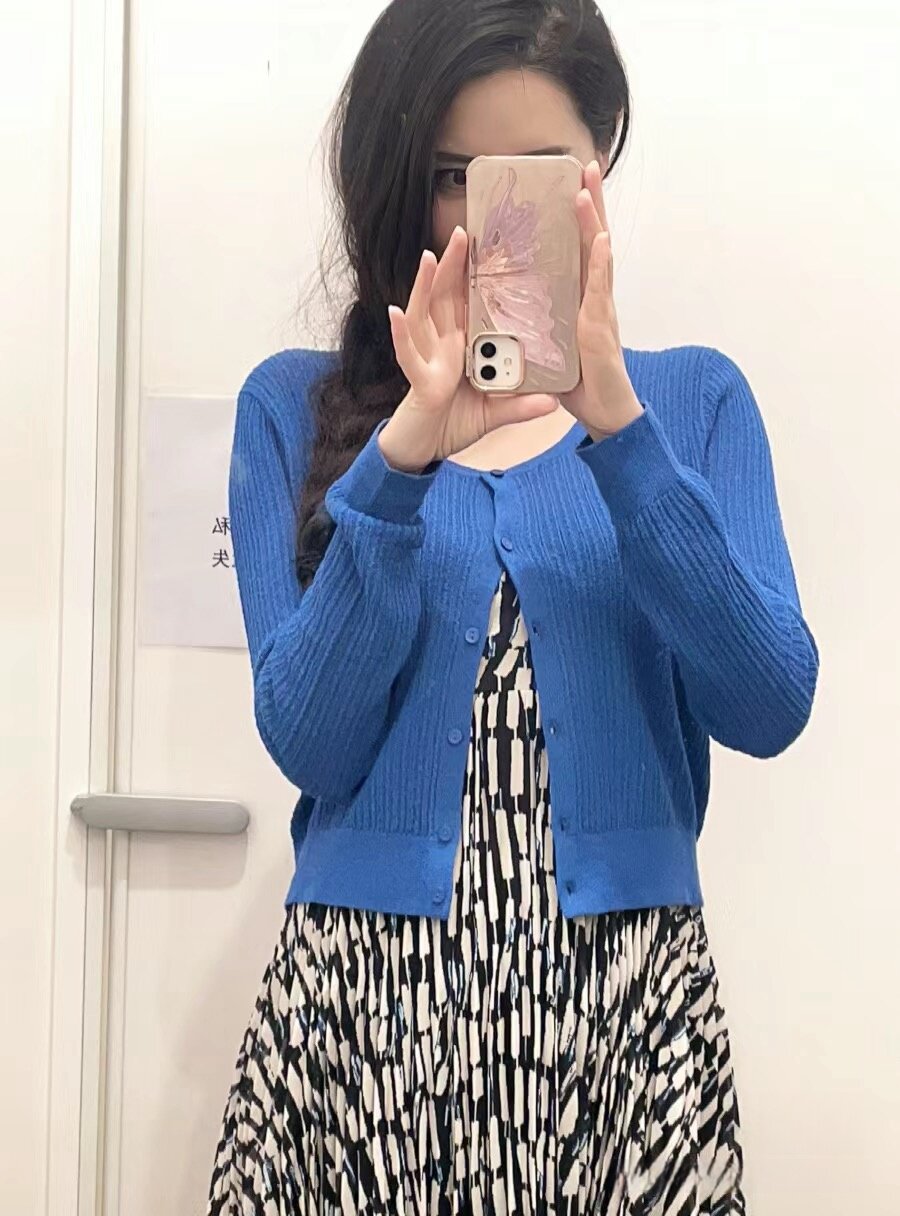 日系春夏季蕾丝圆领针织短开衫长袖修身显瘦短款外套女466361