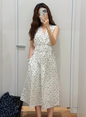 日系新款2025女V领棉质印花收腰打褶连衣裙无袖裙子480629 480630