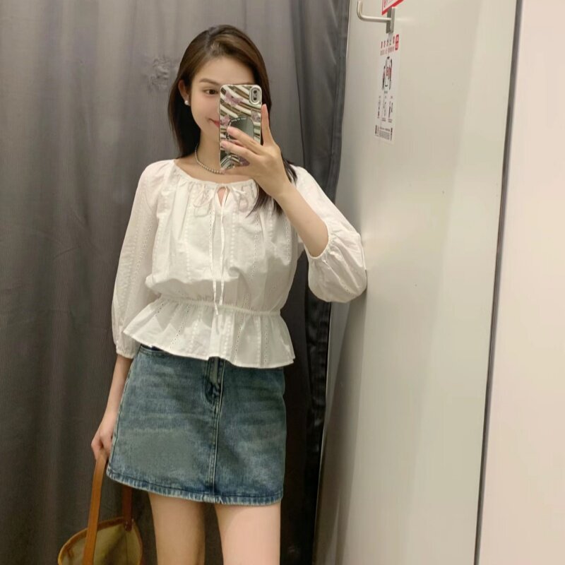 日系夏季女装刺绣衬衫7分袖休闲衬衣收腰显瘦插肩袖上衣469443