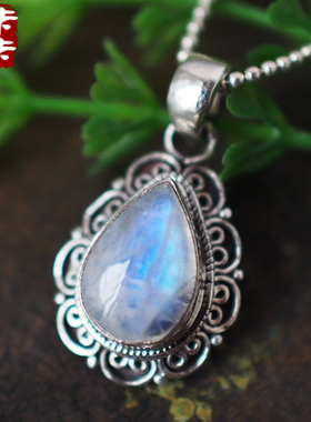 小巧复古月光石恋人纯银吊坠项链