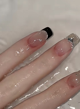 小香风黑色法师猫眼美甲纯手工光疗可卸闪钻短方中长手绘穿戴甲