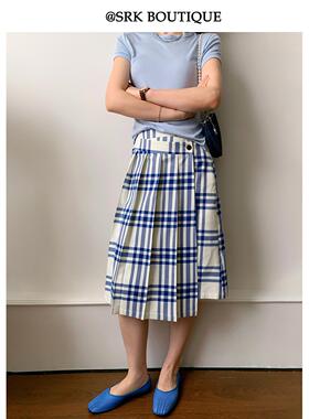 SRK 法式时尚一片式半身裙清新蓝格纹不规则a字百褶设计气质显瘦