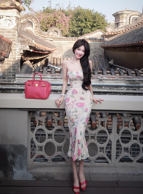 WW定制「午夜繁花」碎花显瘦复古抹胸无袖洋装包臀收腰度假长裙