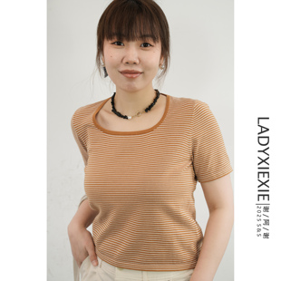 满减 88折 T恤短款 复古撞色方领条纹正肩短袖 LADYXIEXIE