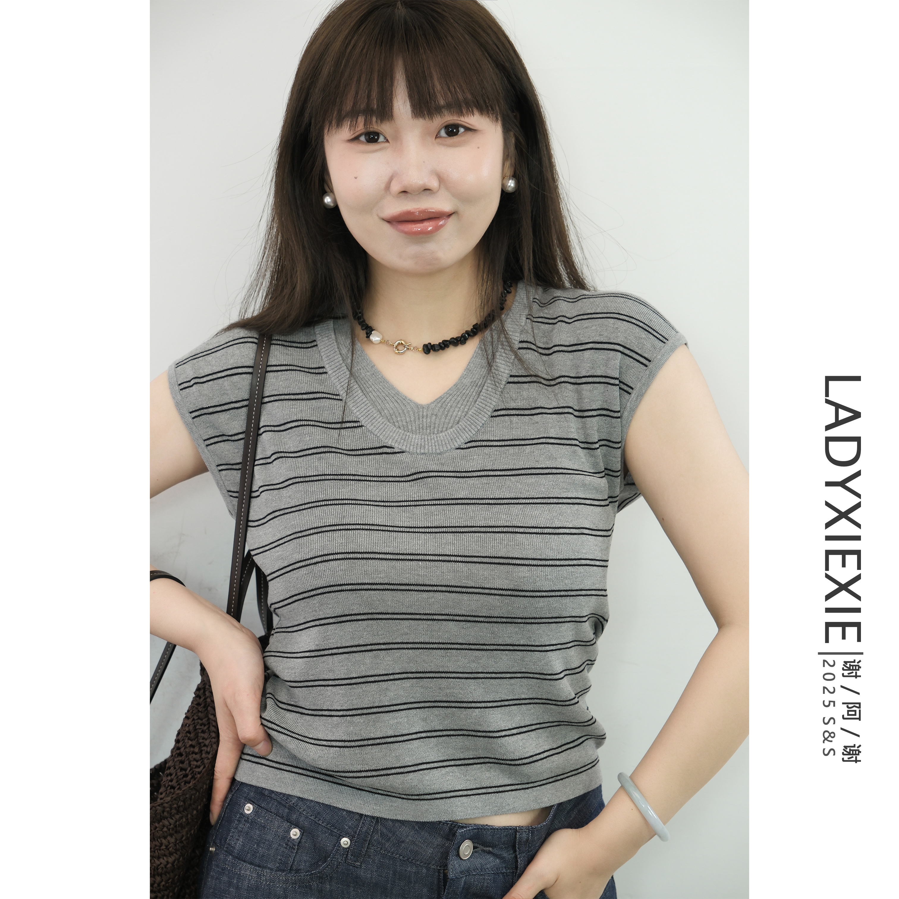 【LADYXIEXIE5/12 88折+立减】亚麻感双U领条纹短袖针织衫T恤女薄