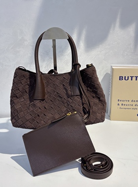 B家头层牛皮手工编织真皮女包Pinacoteca麂皮绒手提托特包购物袋