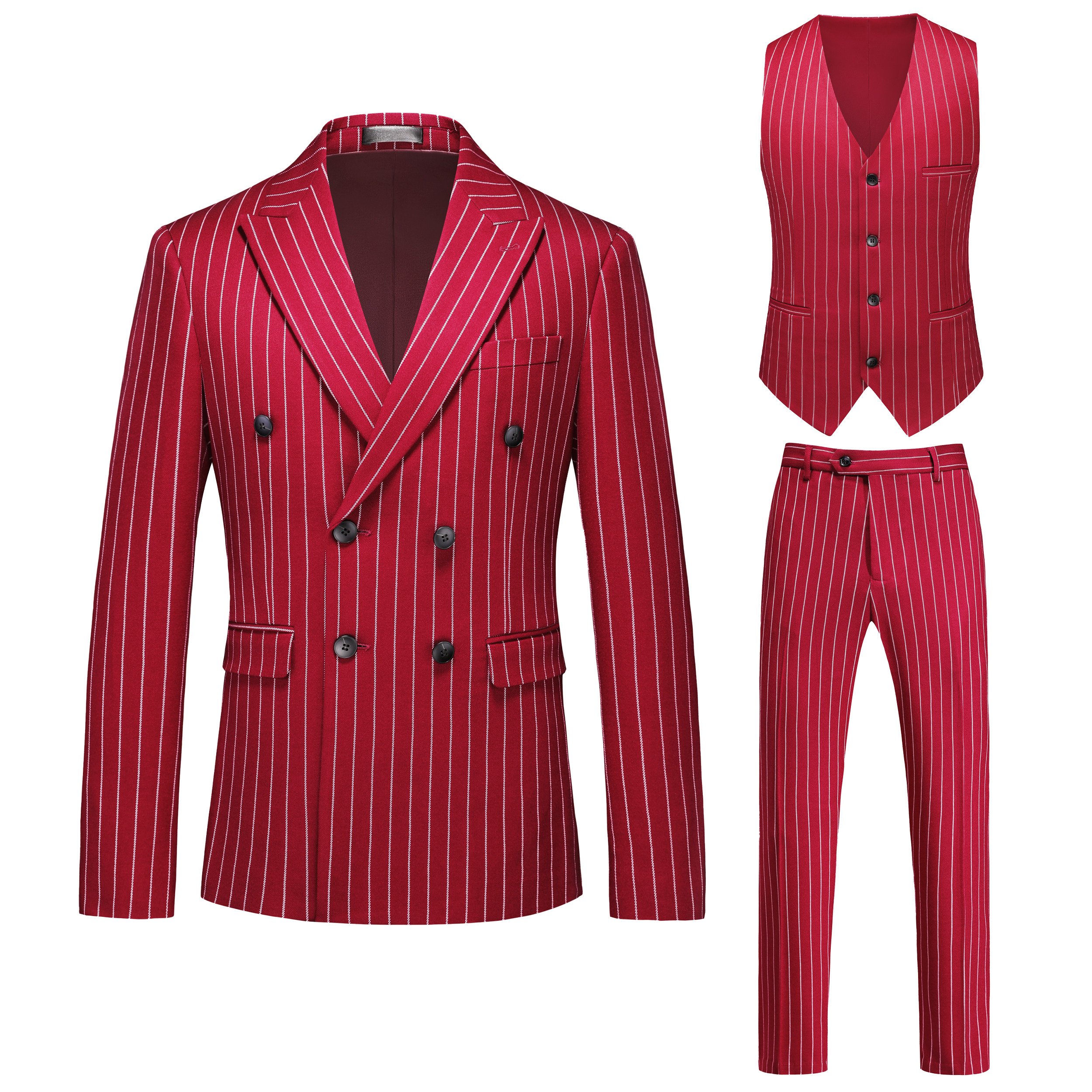 条纹西装男大红色三件套