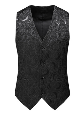 黑色马甲男青少年提花工艺大码修身马夹外套韩版男装工作表演服装