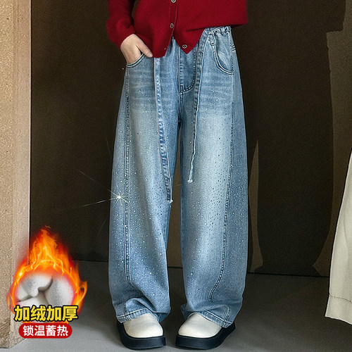 儿童加绒烫钻牛仔阔腿裤女童裤子