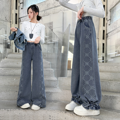 女童牛仔裤秋冬款大童直筒阔腿裤