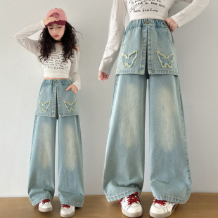 大童宽松直筒裤 女童牛仔阔腿裤 洋气刺绣长裤 儿童韩版 2026春秋新款