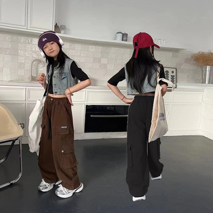 女童裤子春秋款2025新款儿童直筒宽松休闲阔腿裤中大童棉布工装裤