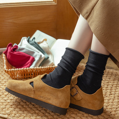 复古简约女士秋冬中筒袜纯色棉