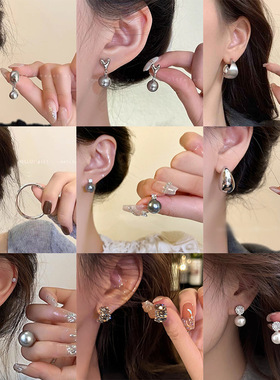 冷淡风银灰色珍珠蝴蝶结耳环女s925银针耳钉高级感小众设计耳饰品