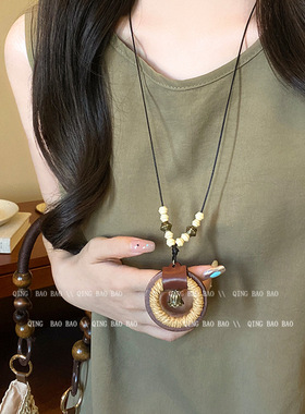 新中式国风禅意木质吊坠项链女复古长款民族风编绳秋冬毛衣链配饰