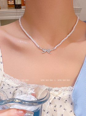 简约高级感蝴蝶结珍珠项链女小香风设计感时尚镶钻颈链锁骨链