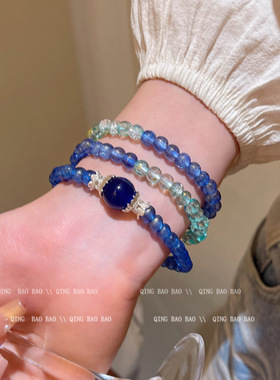 新中式叠戴蓝色串珠手链女复古轻奢高级感手串清冷感禅意风配饰品