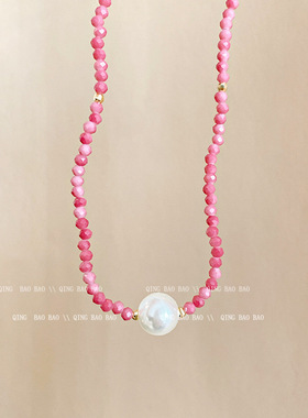 法式气质小香风串珠项链气质简约百搭仿珍珠粉色浪漫锁骨链配饰女