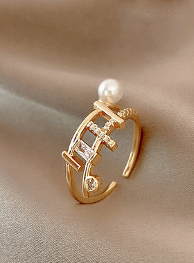 韩国东大门森系设计感双层珍珠戒指个性几何微镶锆石指环手饰银饰