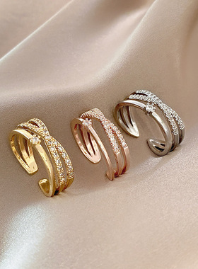 韩版轻奢多层交叉戒指女时尚个性开口可调节冷淡复古风天使尾戒