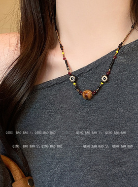 vintager复古设计感民族风串珠锁骨链虎眼石毛衣链轻奢高级感项链