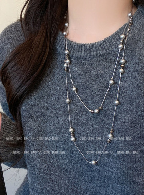 高级感双层满天星灰色珍珠项链女轻奢叠戴颈链秋冬长款毛衣链配饰