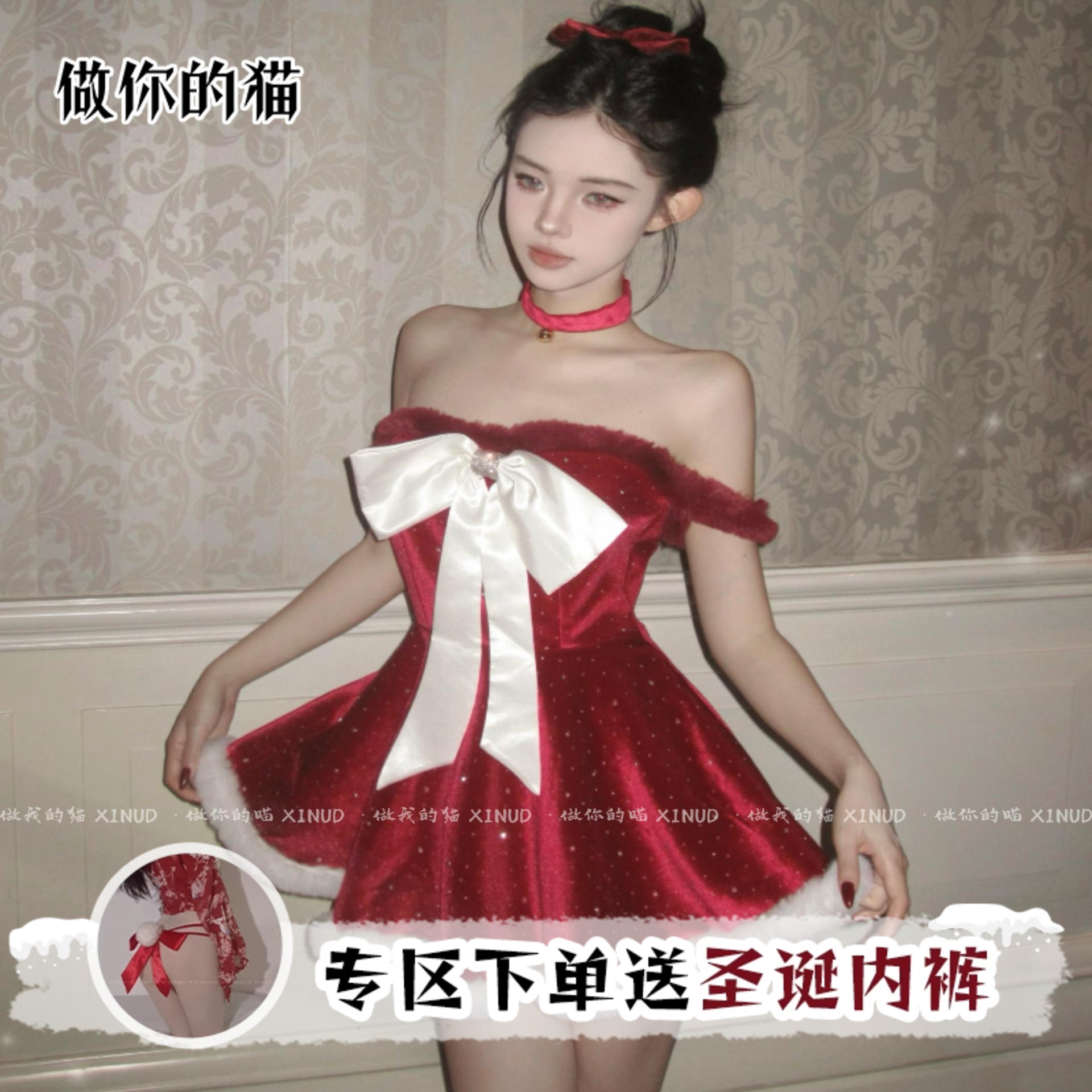 做你的猫：珍妮の心动夜宴*原创大蝴蝶结抹胸红色圣诞蓬蓬公主裙