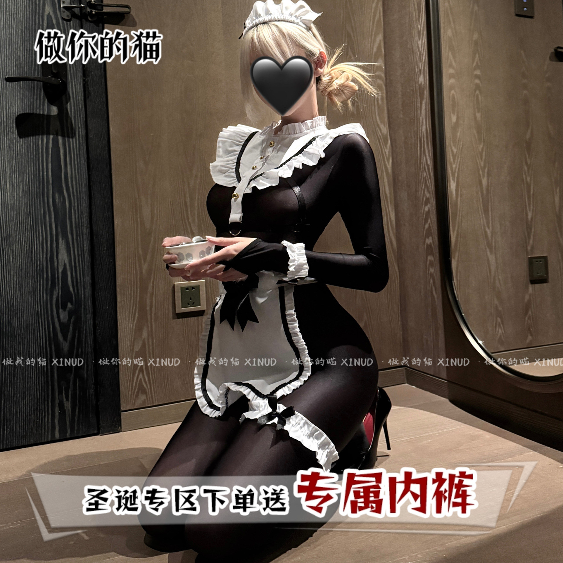 做你的猫：主人喘息*俏皮可爱cos油亮黑丝小女仆性感制服连体套装