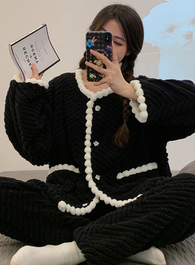 2025新款秋冬季睡衣女珊瑚绒套装加绒加厚可外穿卡通法兰绒家居服