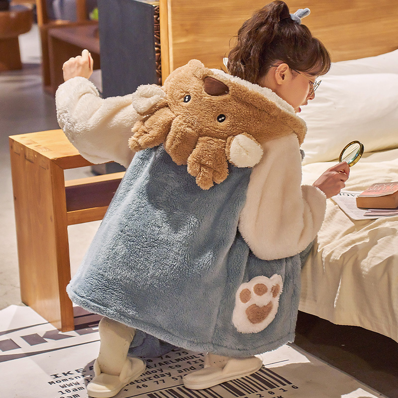 睡衣女冬季加厚珊瑚绒连帽网红