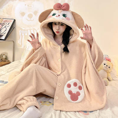 冬季珊瑚绒连帽斗篷睡衣