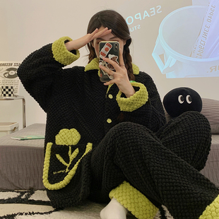 珊瑚绒睡衣女冬季加绒加厚连帽睡袍拉链开衫男士法兰绒家居服套装