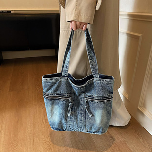 工装 风牛仔手提包做旧质感多拉链口袋托特包日常潮流通勤牛仔包女