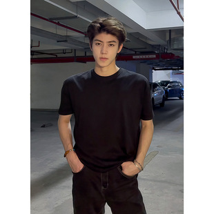 纯黑色短袖男款夏季美式痞帅高级感t恤纯棉重磅硬挺正肩修身半袖