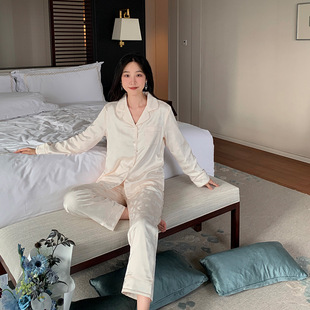 24新款福蝶加绒睡衣蝴蝶提花丝光缎长袖长裤女家居服套装一件代发