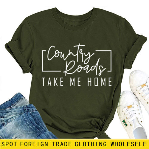 Country Roads TAKE ME现货简约休闲女士T恤亚马逊宽松短袖打底衫