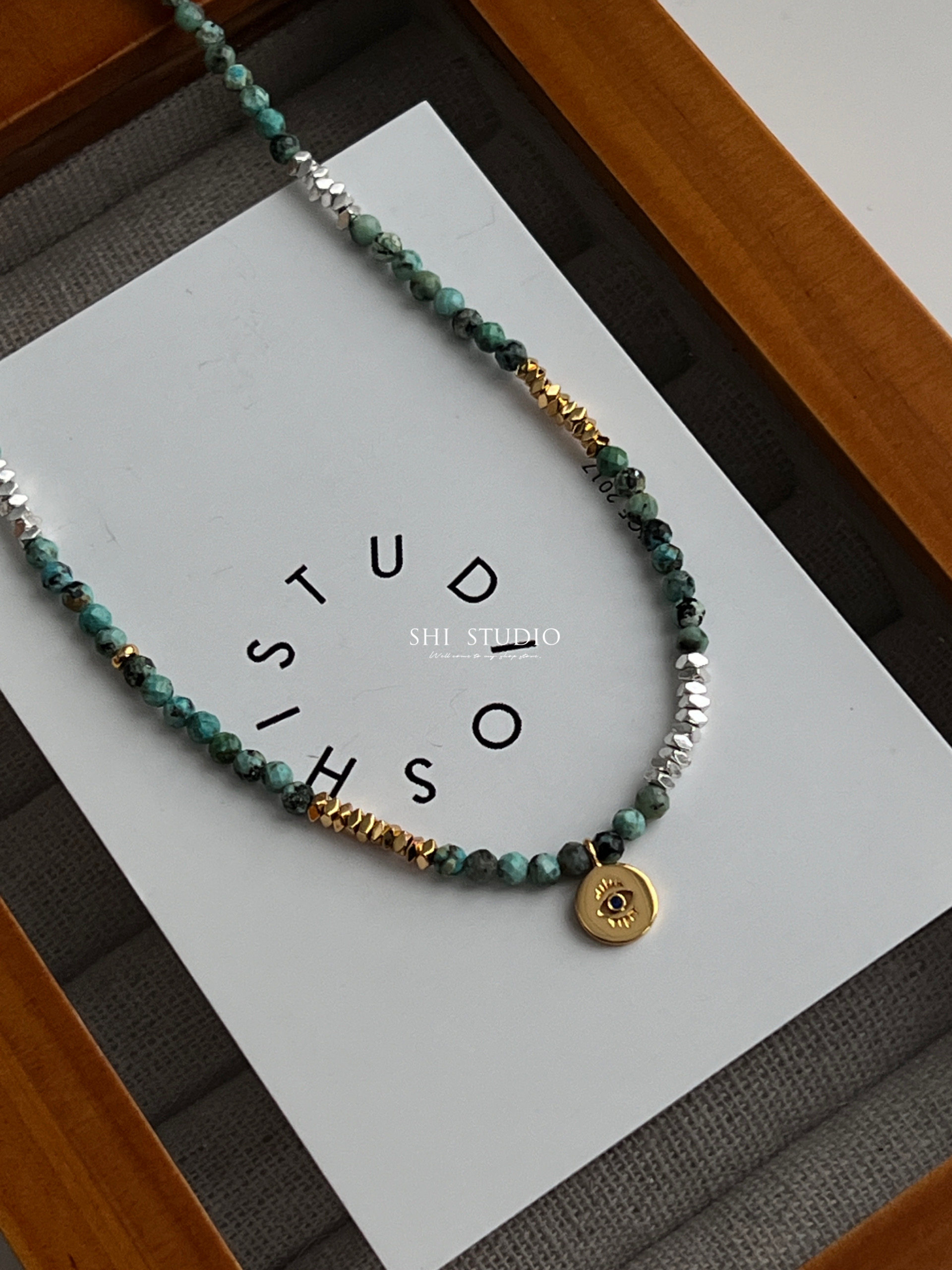 复古浪漫小众绿松石碎银子恶魔之眼项链锁骨链叠戴百搭