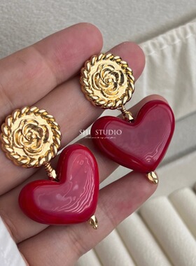 金属玫瑰花Vintage红色爱心手工烧制琉璃复古耳饰耳夹设计款耳钉