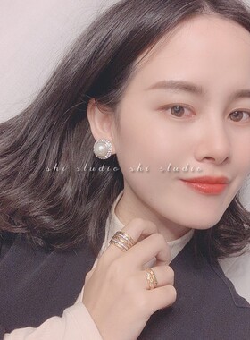 满钻珍珠耳钉简约气质韩国个性AR小版纽扣形耳环高级感法式小众耳