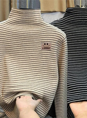 男女童德绒内搭打底衫秋冬款大儿童半高领长袖T恤加厚条纹上衣