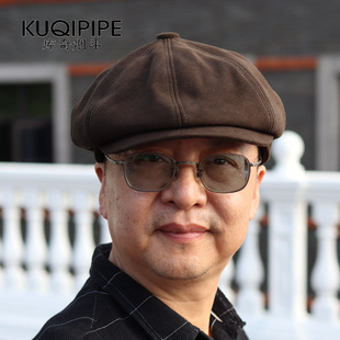 羊皮八角帽秋冬季男女翻绒中年鸭舌羊皮休闲翻毛英伦报童帽潮时