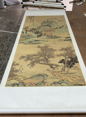沈周 青山红树图 仿古青绿山水国画微喷复制高清装饰画挂轴定制画