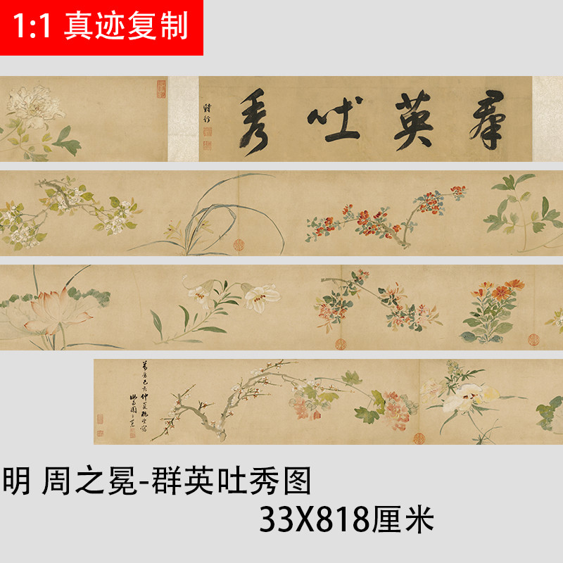 明周之冕-群英吐秀图 古代写意花卉荷花梅花国画长卷真迹临摹画稿