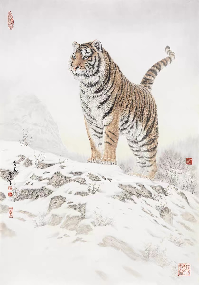 佚名老虎国画工笔画微喷复制画临摹学习画稿竖幅装饰画装裱挂画